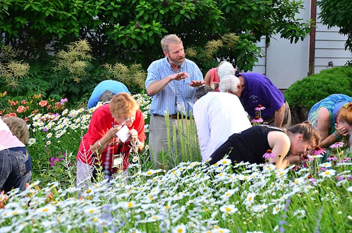 People looking at flowers with a magnifying glass