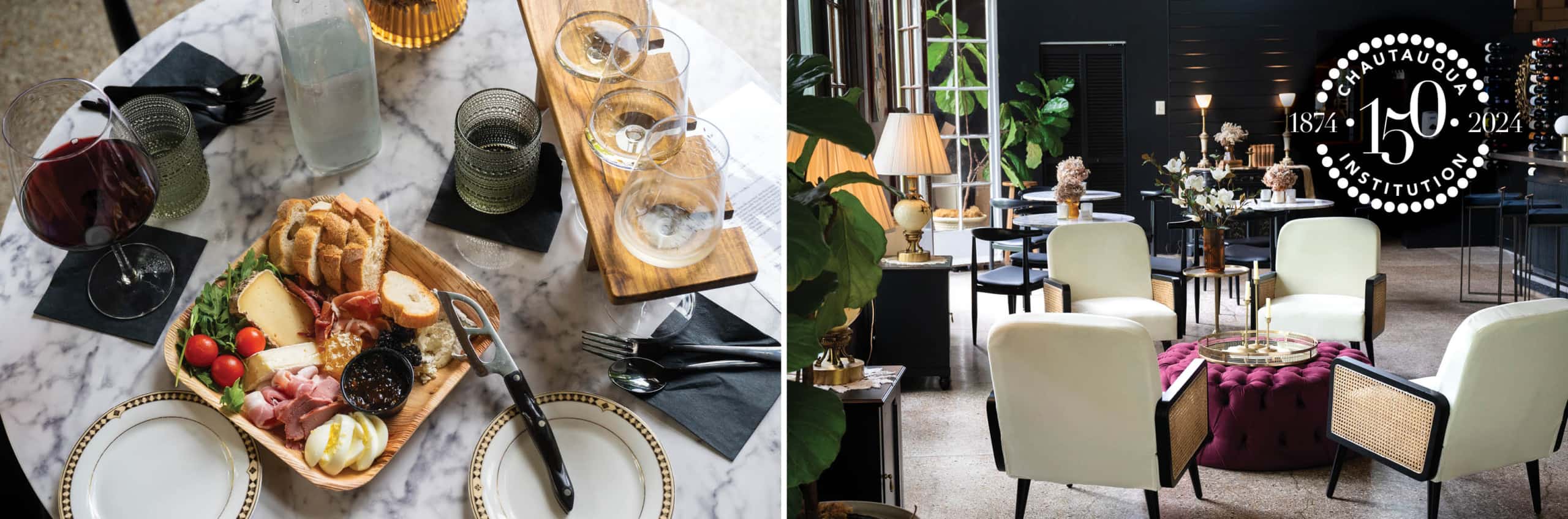 A table with wine and charcuterie and a view of tables and chairs in the Afterwords Wine Bar with the Chautauqua Institution 150th Anniversary logo.