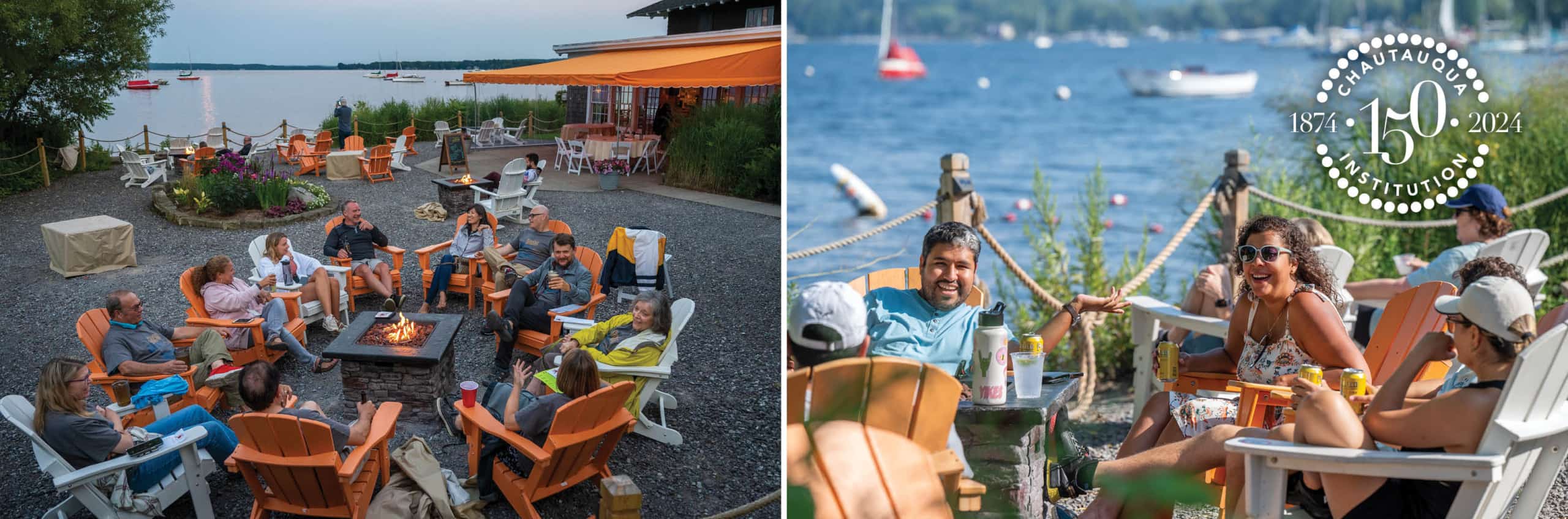 People sitting by the lake enjoying drinks at 3 Taps and the Chautauqua Institution 150th Anniversary Logo