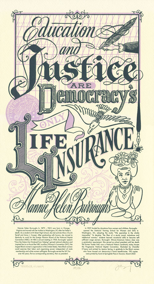 A piece of art saying "Education and Justice are Democracy's only Life Insurance"