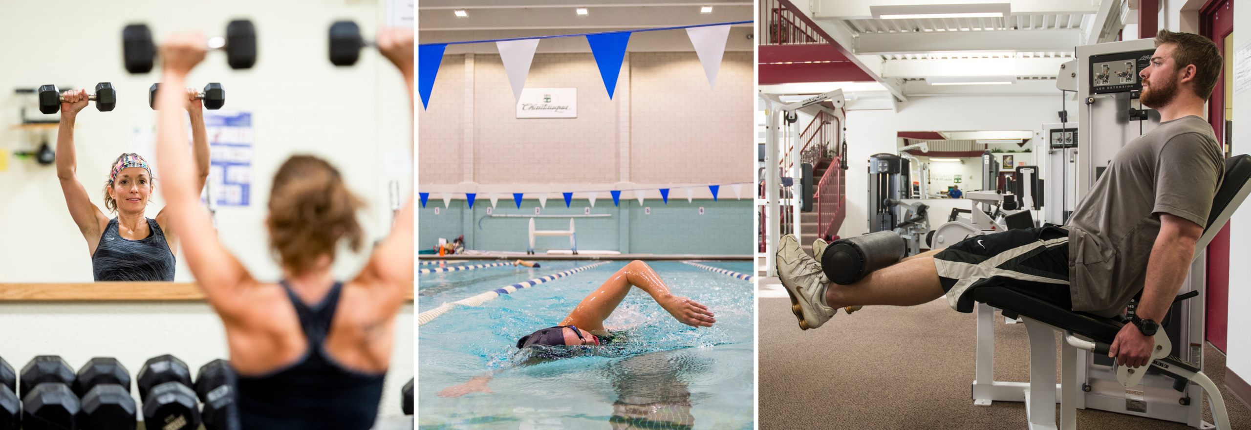 People lifting weights in the fitness center and swimming in the pool