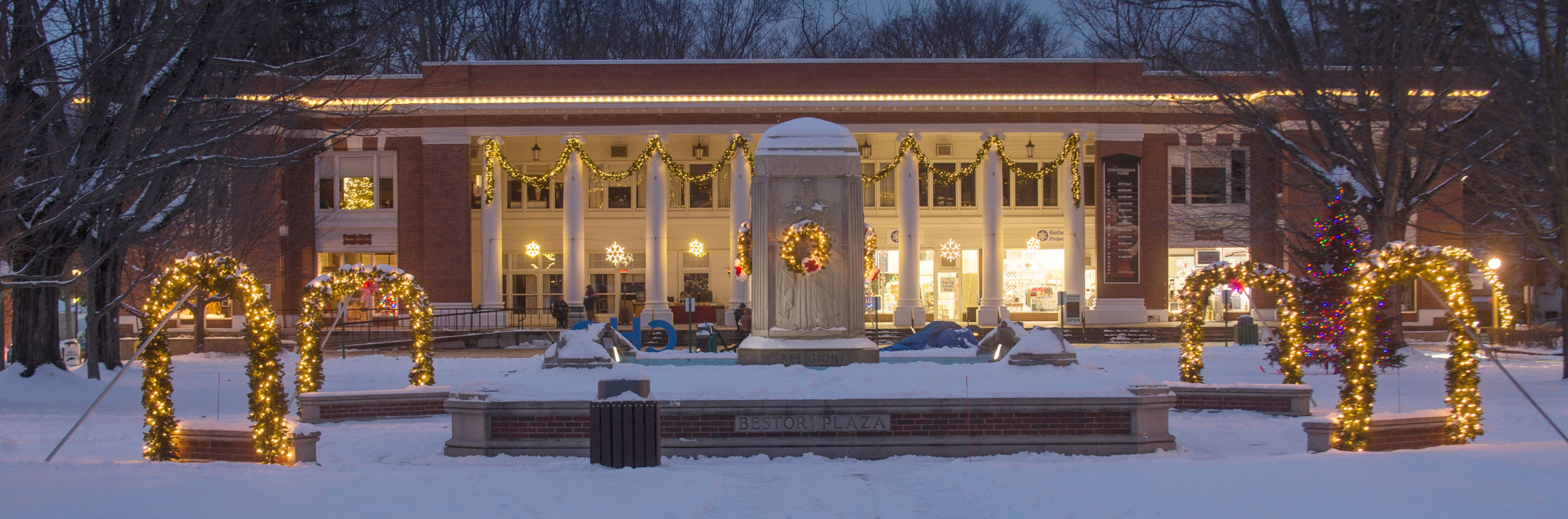 Holiday lights around Bestor Plaza