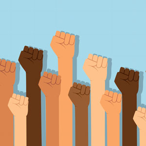 Graphic of arms raised in protest