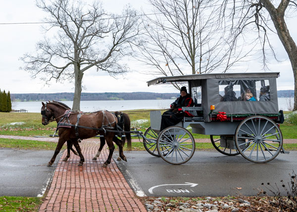 People in a horse drawn carriage by the lake