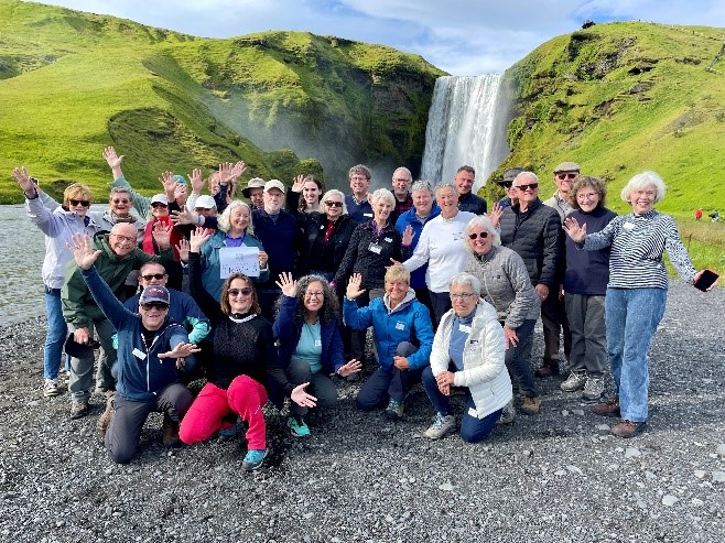 Chautauquans in front of a waterfall in Iceland