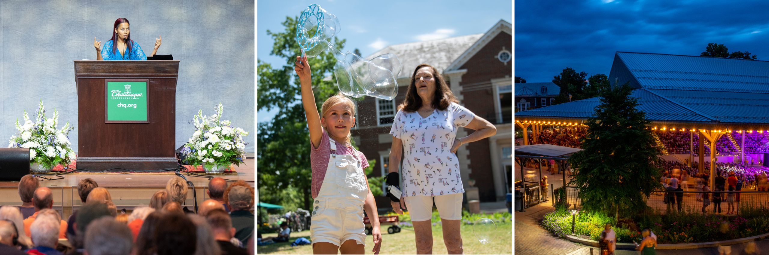 A lecture in the amphitheater, a little girl and her grandma playing with bubbles and a view of the Amphitheater during an evening performance