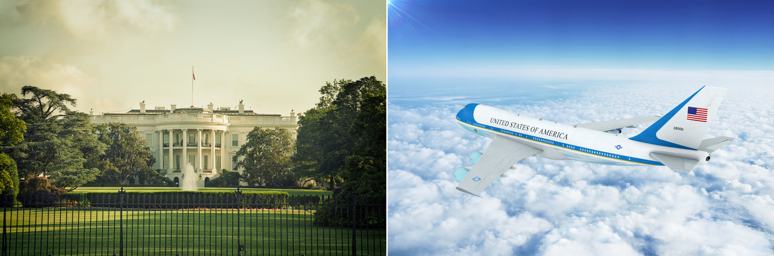 The White House and Air Force One flying in the sky