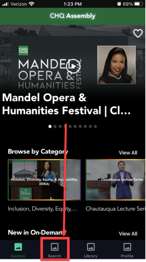 An arrow pointing to a search button on the Mobile version of CHQ Assembly