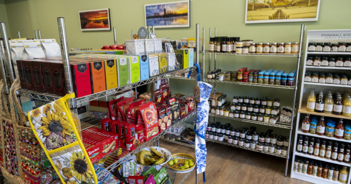 Shelves of food in the Plaza Market