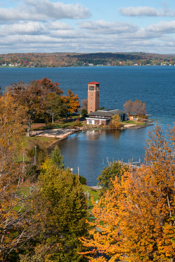 An aerial view of the Bell Tower during fall