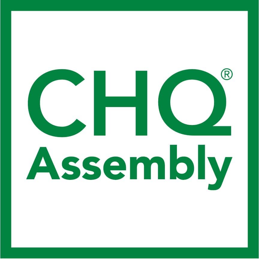 CHQ Assembly Logo in green letter within a white square and a green outline 