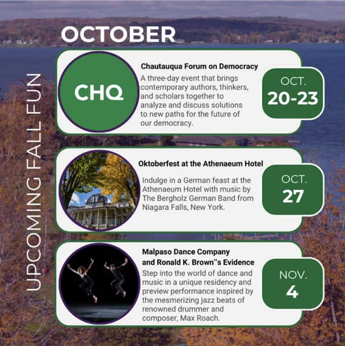 A graphic showing upcoming fall events at Chautauqua