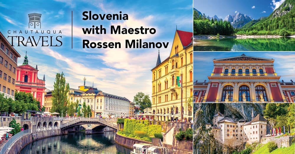 Photos of Slovenia with the text "Slovenia with Maestro Rossen Milanov"