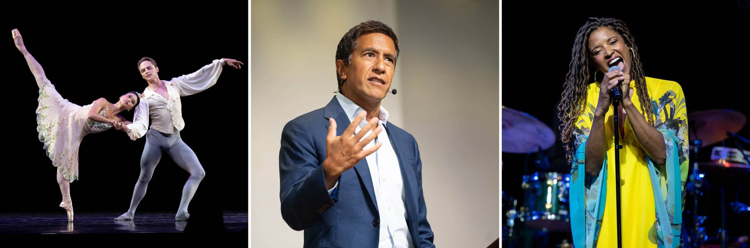 Ballet dancers, Sanjay Gupta giving a lecture and Renee Elise Goldsberry singing