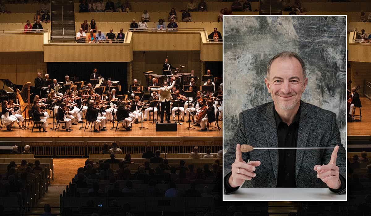 Rossen Milanov's headshot and the CSO performing in the Amphitheater