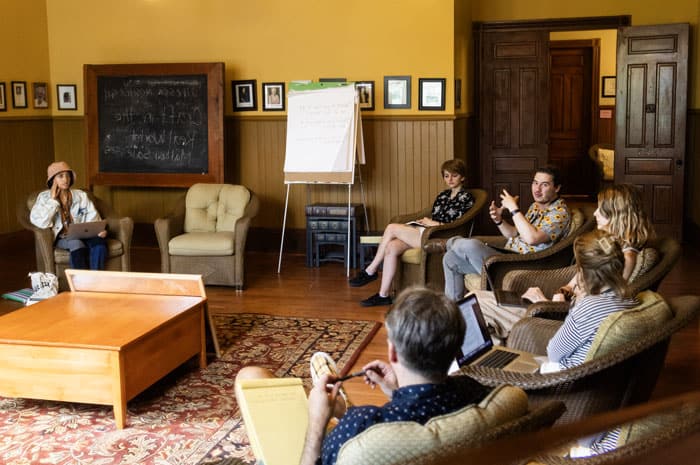 Akil Kumarasamy leads a Writers Festival Workshop for a group of writers in Alumni Hall during the Chautauqua Writers’ Festival.