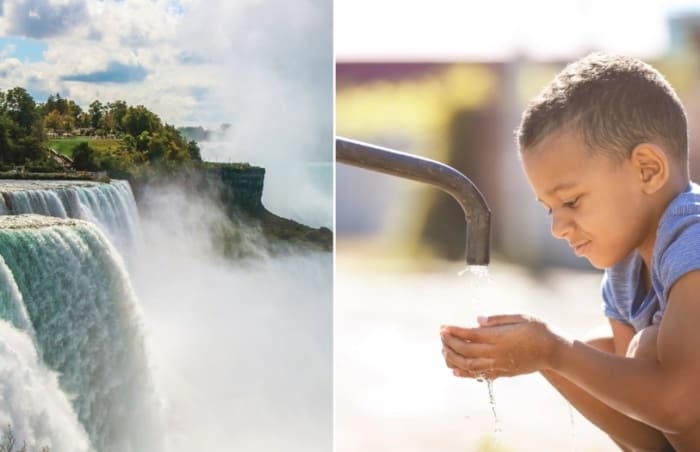 Niagara Falls and a boy drinking water outside