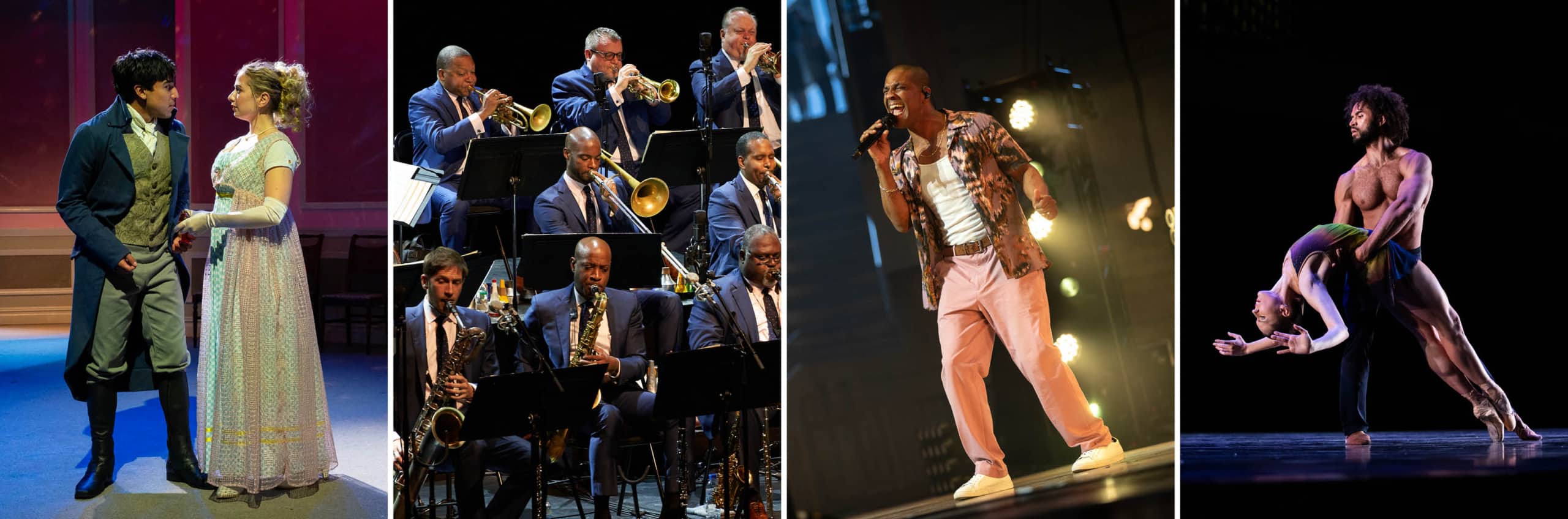 Actors from the Chautauqua Theater Company performing in Pride and Prejudice, Wynton Marsalis performing with the Jazz at Lincoln Center Orchestra, a member of Straight No Chaser singing and alumni dancers performing on the Amphitheater stage.