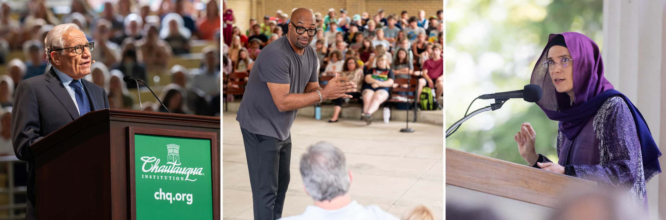 Bob Woodward giving a lecture in the Amphitheater, Kwame Alexander leading a master class in Smith Wilkes Hall and Sevim Kalyoncu giving an interfaith lecture in the Hall of Philosophy.