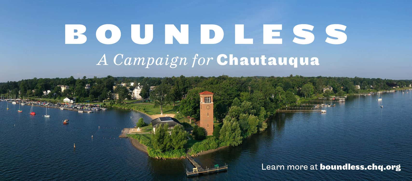 An aerial shot of Miller Bell Tower and the text "Boundless, A Campaign for Chautauqua"