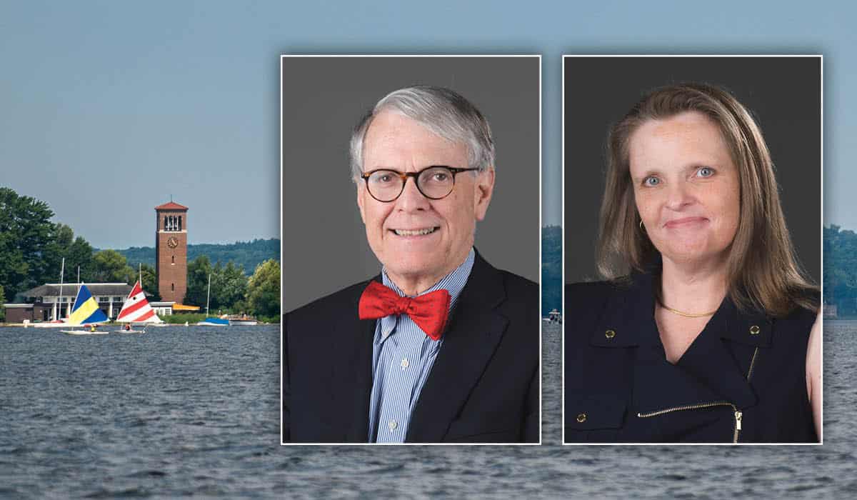 Geof Follansbee and Amy Gardner's headshots over a photo of sailboats on Chautauqua Lake near Miller Bell Tower