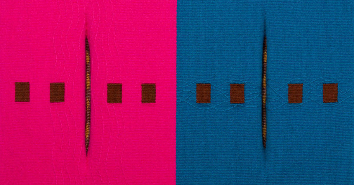 Bright pink and blue textiles with brown rectangles in the middle