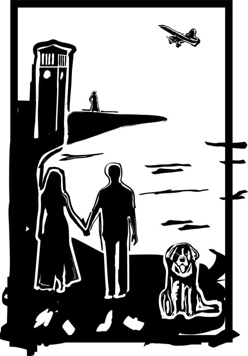 A black and white graphic of a couple holding hands along the lake shore with a dog. Miller Bell Tower and an airplane are in the background.