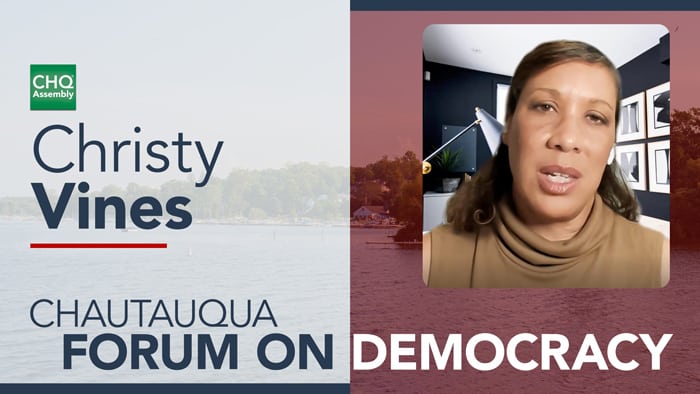 Christy Vines speaking during the Chautauqua Forum on Democracy