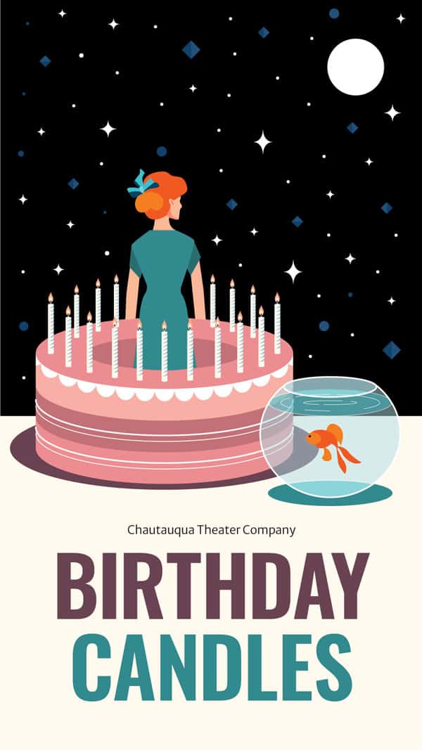 A woman coming out of a birthday cake with a goldfish sitting next to it