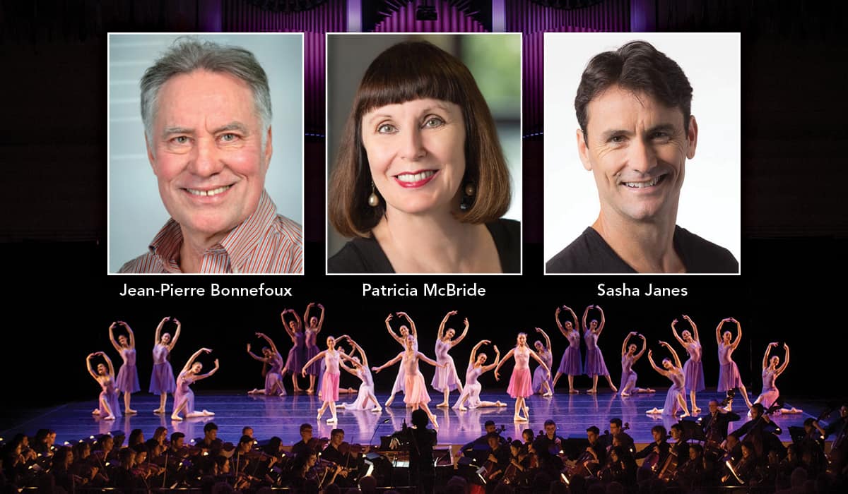 Jean-Pierre Bonnefoux, Patricia McBride and Sasha Janes' headshots over a photo of the Chautauqua School of Dance performing in the Amphitheater with the Music School Festival Orchestra