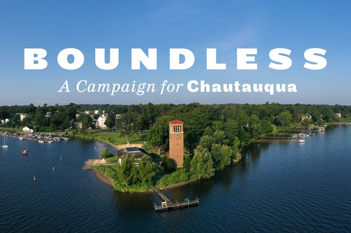 Boundless, A Campaign for Chautauqua over a photo of the Chautauqua Lake shoreline