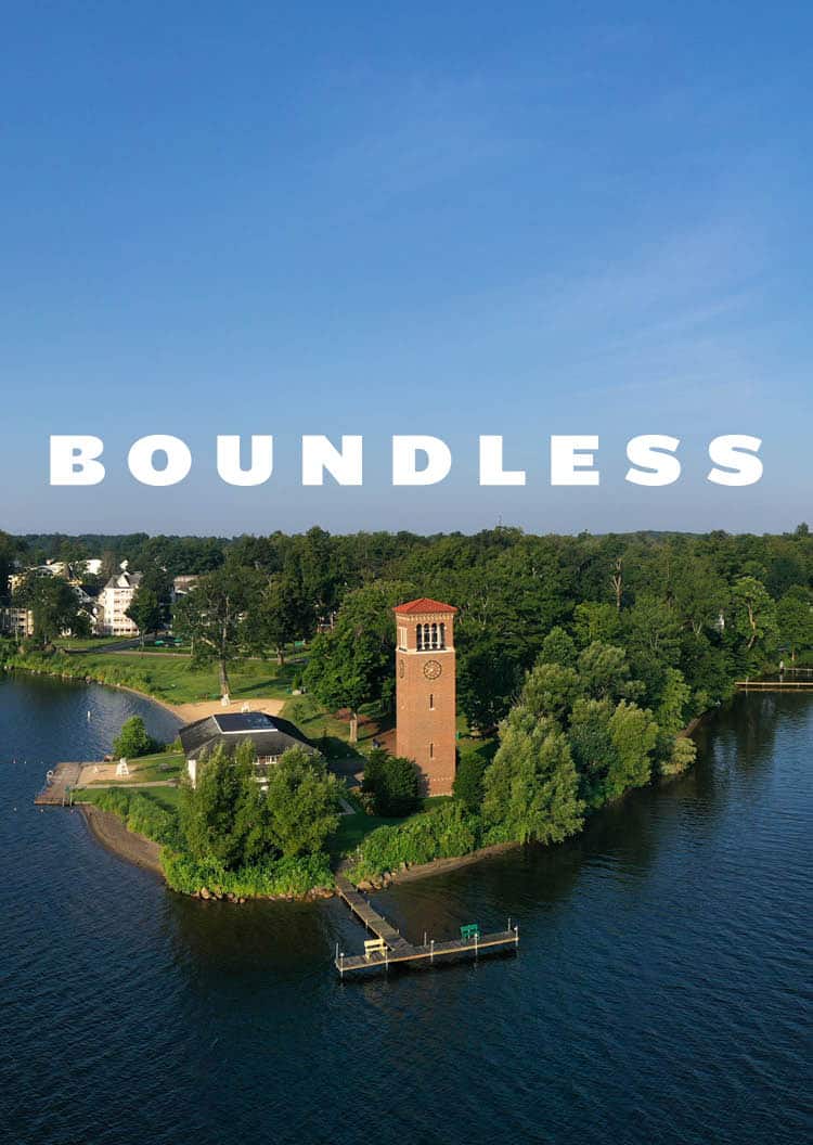 Boundless logo over a view of Miller Bell Tower on Chautauqua Lake