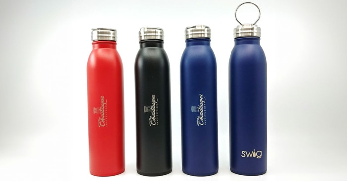 Red, black and navy aluminum water bottles engraved with the Chautauqua Institution logo