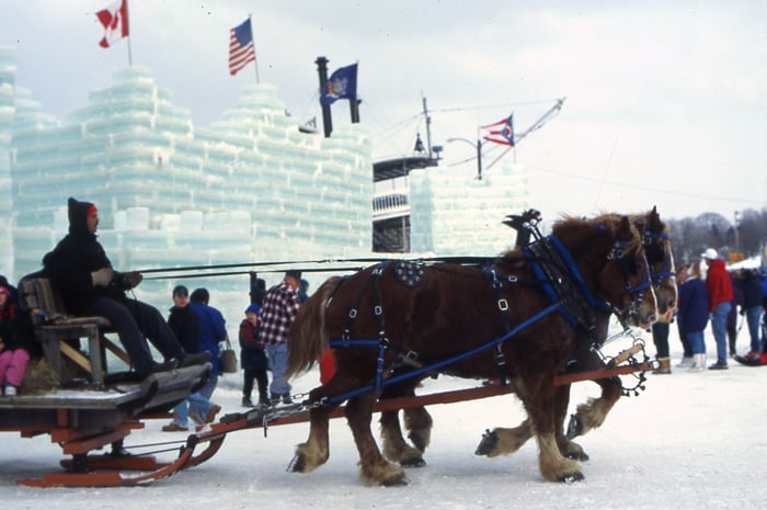 People on a horse-drawn sleigh ride in front of an ice castle