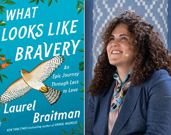What Looks Like Bravery book cover and author Laurel Braitman looking up while giving a lecture