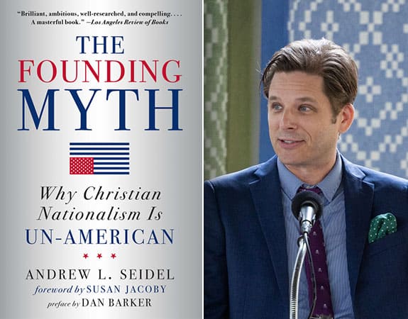 The Founding Myth book cover and author Andrew Seidel giving a lecture at a podium