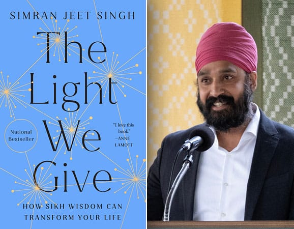 The Light We Give book cover and author Simran Jeet Singh giving a lecture at a podium