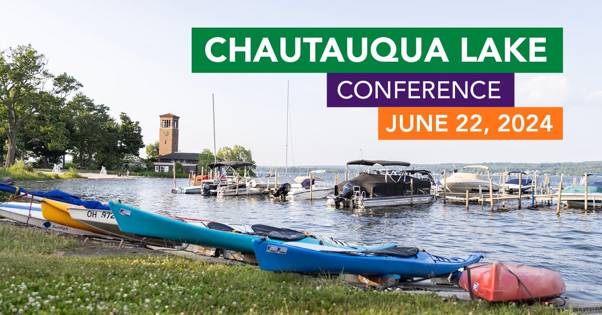 Chautauqua Lake Conference June 22, 2024 in colored text boxes over a photo of kayaks and boats along the shore of Chautauqua lake