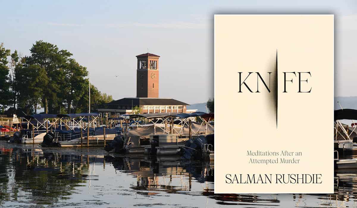 Knife by Salman Rushdie book cover over a photo of boats on Chautauqua Lake with Miller Bell Tower in the background