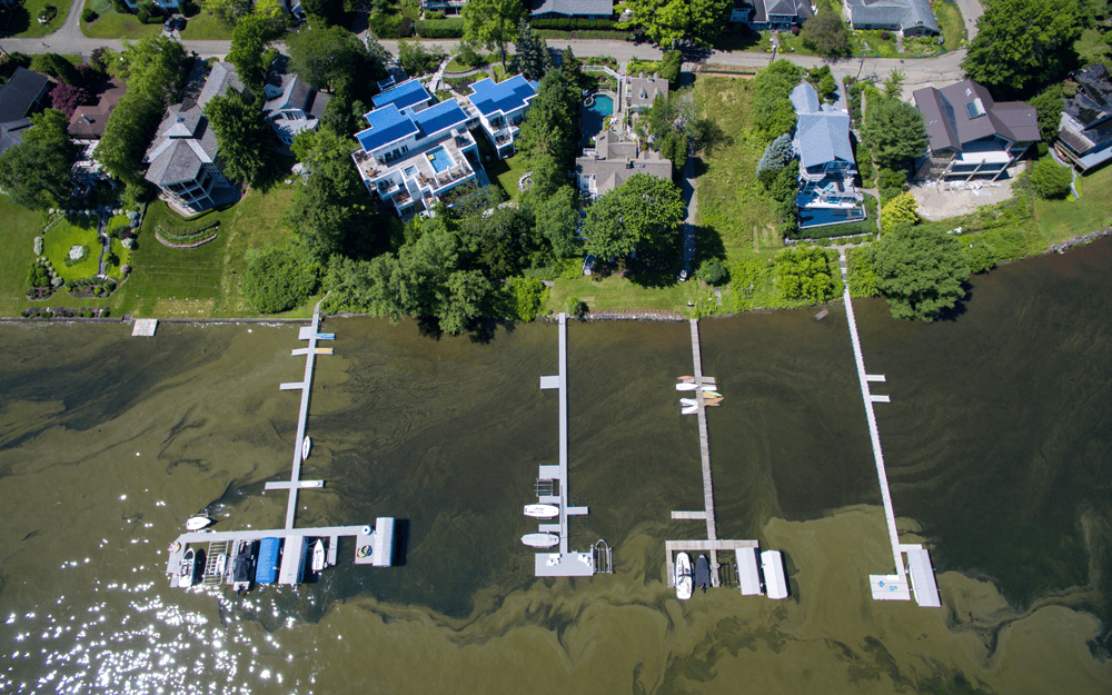 An aerial view of algal blooms in Chautauqua Lake.