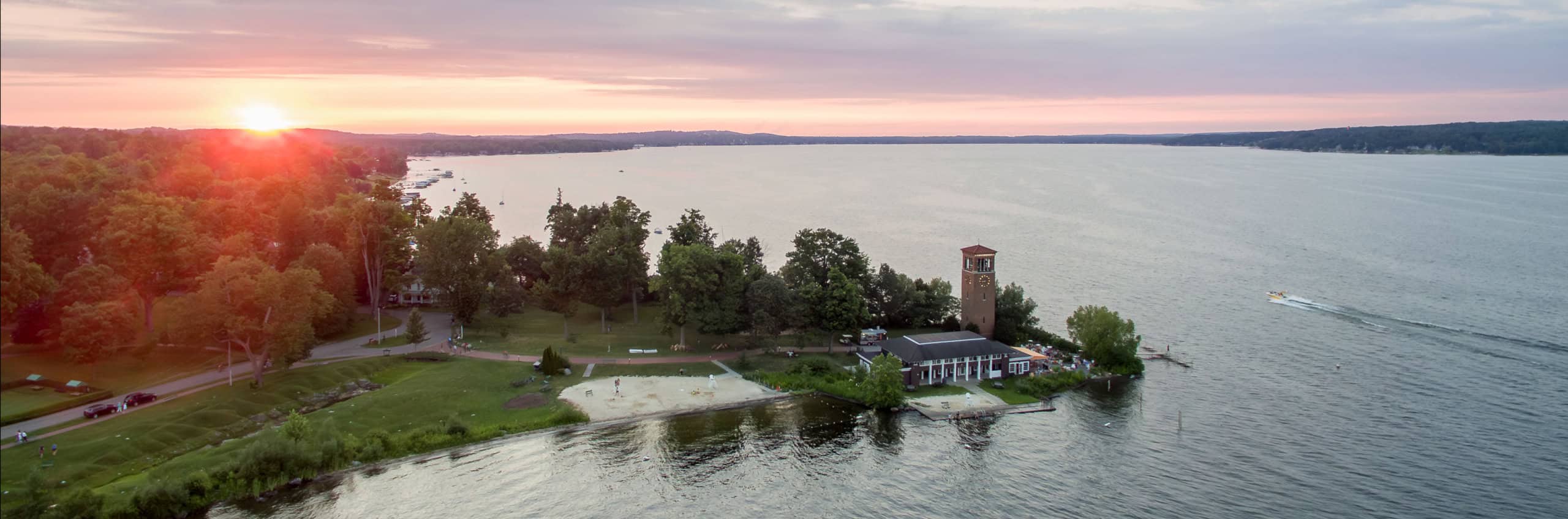 An aerial view of Miller Bell Tower at sunset