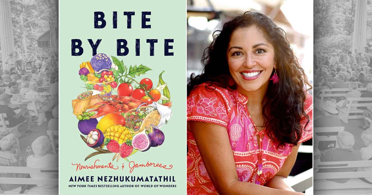 Aimee Nezhukumatathil's headshot and the Bite by Bite book cover