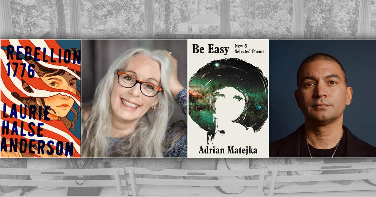 Rebellion 1776 book cover with Laurie Halse Anderson's headshot. Be Easy: New & Selected Poems book cover with Adrian Matejka's headshot.