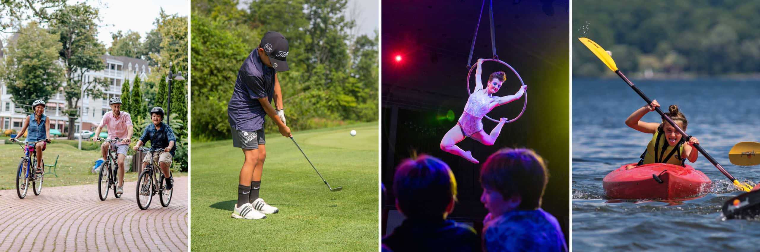 Photos of families and kids doing recreational activities and watching entertainment